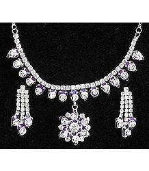 Purple and White Stone Studded Necklace and Earrings