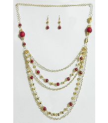 Five Layer Golden Chain with Red Bead Necklace and Earrings