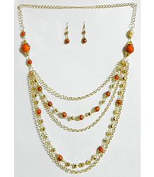 Five Layer Golden Chain with Saffron Bead Necklace and Earrings