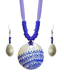 Blue Bead Necklace with Painted Shell Pendant and Adjustable Purple Ribbon