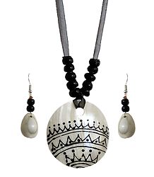 Black Bead Necklace with Painted Shell Pendant and Adjustable Black Ribbon
