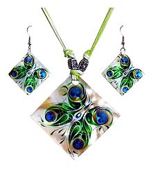 Peacock Feather Square Shell Pendant Set