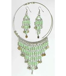 Light Green Beaded Spring Necklace with Jhalar Pendant and Earrings