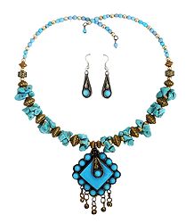 Blue Stone Chips Tibetan Spring Necklace with Earrings