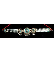 White Pearl Choker with White and Blue Stone Studded Pendant