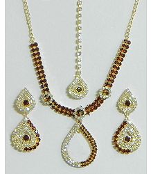 Maroon and White Stone Studded  Necklace with Earrings and Mang Tika