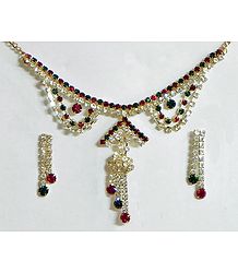 White, Maroon and Green Stone Studded Necklace and Earrings