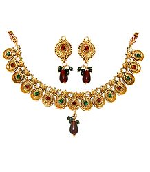 Red, Green and White Stone Studded Necklace with Earrings