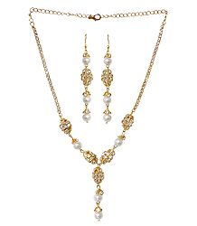 White Stone Studded and Gold Plated Necklace and Earrings