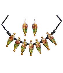 Hand Painted Wooden Bead and Terracotta Leaf Necklace with Earrings