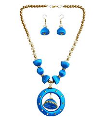 Bead and Cyan Thread Necklace with Earrings