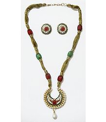 Red, Green and White Stone Studded Necklace with Earrings