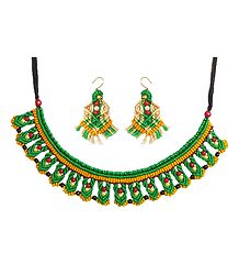 Green with Yellow Macrame Thread Necklace and Earrings with Red and Black Beads