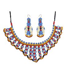 Blue with White Macrame Thread Necklace and Earrings with Saffron and White Beads