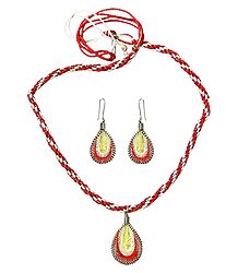 Red and White Thread Necklace with Earrings