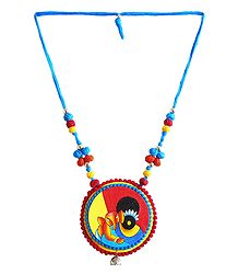 Adjustable Necklace with Hand Painted Cardboard Pendant - Durga Holding Ganesha