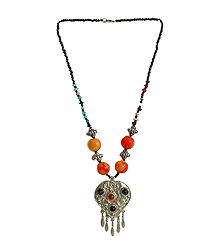 Tibetan Necklace with Metal Heart Pendant with Jhalar
