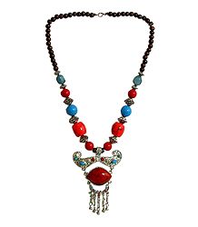 Red and Blue Bead Necklace with Designer Pendant