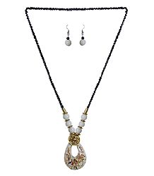 Black with White Beaded Tibetan Necklace and Earrings