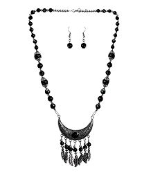Black with Silver Beaded Tibetan Necklace and Earrings
