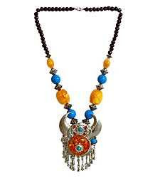Yellow and Blue Bead Necklace with Metal Horn Pendant