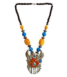 Yellow and Blue Bead Necklace with Metal Horn Pendant