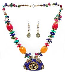 Multicolor Stone Bead Tibetan Necklace with Lacqured Brass Pendant and Earrings