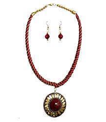 Maroon Threaded Tibetan Necklace with Stone Pendant and Earrings