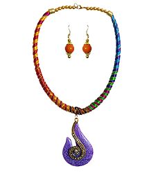 Multicolor Threaded Tibetan Necklace with Stone Pendant and Earrings