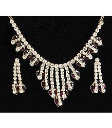 White and Purple Stone Studded Necklace, Earrings