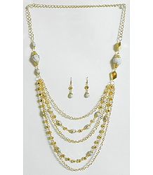 Five Layer Golden Chain with White Bead Necklace and Earrings