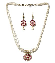 White Bead Necklace with Faux Zirconia and Ruby Pendant and Earrings