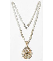 White Bead Necklace with White Stone Studded Pendant