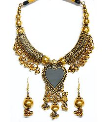 Oxidised Metal Golden Necklace with Heart Pendant and Earrings