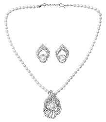 Faux Pearl Necklace with White Zirconia Pendant and Earrings