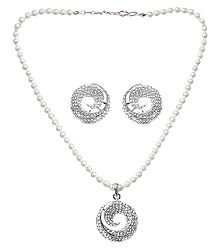 Faux Pearl Necklace with White Zirconia Pendant and Earrings