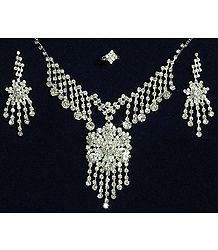 White Stone Studded Necklace with Earrings and Ring