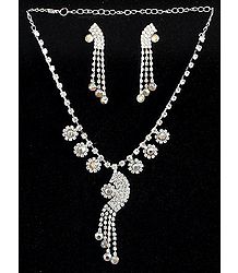 White Stone Studded Pendant with Chain and Earrings
