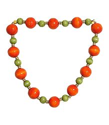 Dark Saffron and Light Green Wooden Bead Necklace