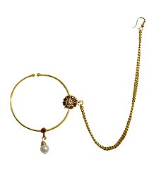 Red and Green Stone Studded Non Piercing Nose Ring with Chain