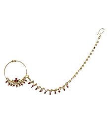 White Stone Studded with Red Bead Non Piercing Metal Nose Ring with Chain