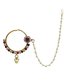 Stone Studded Non Piercing Nose Ring with Beaded Chain