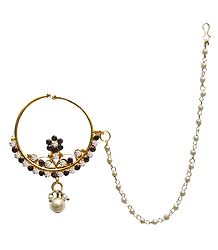 Stone Studded Non Piercing Nose Ring with Beaded Chain
