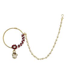 White and Red Stone Studded Non Piercing Nose Ring with Bead Chain
