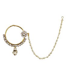 White Stone Studded Non Piercing Nose Ring with Bead Chain