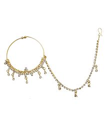 White Stone Studded Non Piercing Nose Ring with Bead Chain