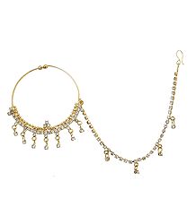 White Stone Studded Non Piercing Nose Ring with Bead Chain