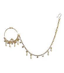 Stone Studded Non Piercing Metal Nose Ring with Chain