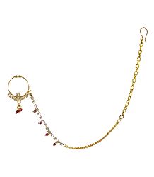 White Stone Studded with Red Bead Non Piercing Metal Nose Ring with Chain
