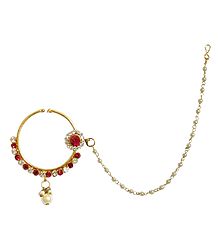 Stone Studded Non Piercing Nose Ring with Beaded Chain